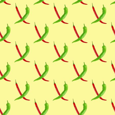 Seamless pattern of green and red hot chilli peppers on light yellow. Food background, texture. Minimal concept.の写真素材