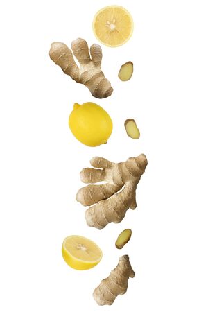 Falling ginger root and lemons  on white background    as package design element and advertising. Flying food. Floating plant and fruits in the air.の写真素材