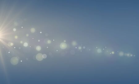 Abstract blurred blue dark background with light glare, bokeh and glowing particles. Light beam.の写真素材