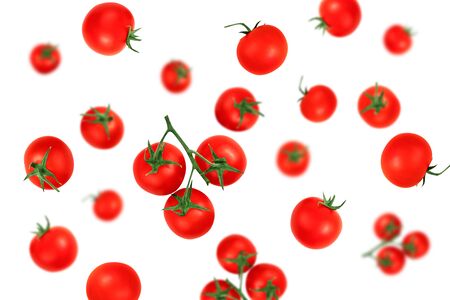 Falling red cherry tomatoes  on a white background    as package design element and advertising. Flying food.の写真素材