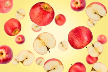 Falling red apples  on a colored background    as package design element and advertising. Flying fruits.の写真素材