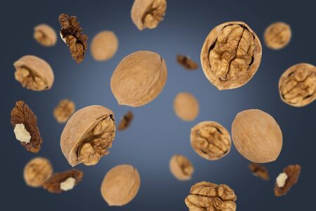 Falling walnuts isolated on a dark background    as package design element and advertising. Top view.の写真素材