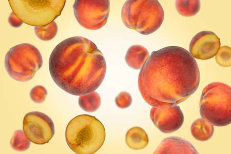 Falling peaches isolated on a color background with clipping path. Flying fruit