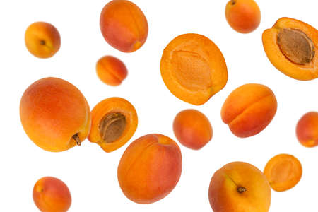 Falling apricots isolated on a white background with package design element and advertisingの写真素材