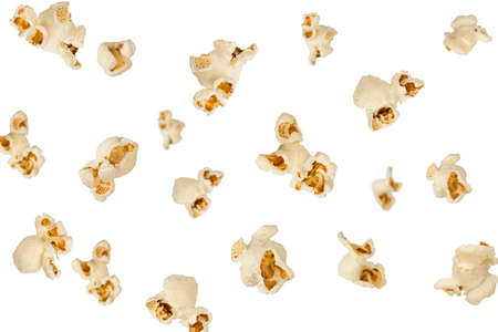 Falling popcorn are isolated on a white background with package design element and advertisingの写真素材