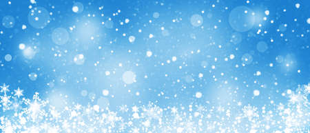 Snowflakes and snow on blue. Winter Christmas background, greeting card. Banner.の写真素材
