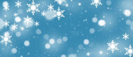 Snowflakes and snow on blue. Winter Christmas background, greeting card. Bannerの写真素材