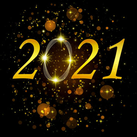 Christmas card. Golden numbers 2021 on a dark background with bokeh lights and stars. New Yearの写真素材