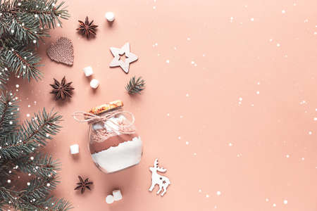 Christmas edible gift. A mixture for making a chocolate drink. New year presents. Xmas treatsの写真素材