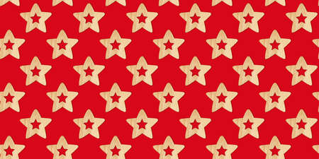 Seamless Christmas pattern with wooden decorative stars on a red background. Xmas abstract backdrop. Top viewの写真素材