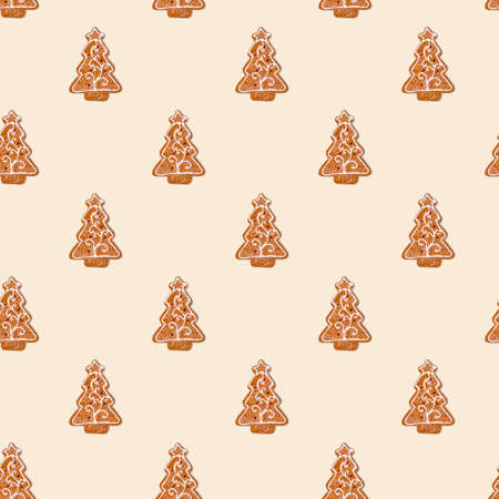 Seamless pattern of gingerbread in the form of a decorative Christmas tree on a background of champagne color.の写真素材