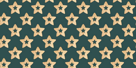 Seamless Christmas pattern with wooden decorative stars on a green background. Xmas abstract backdrop. Top viewの写真素材