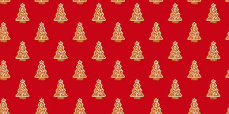 Seamless pattern of gingerbread in the form of a decorative Christmas tree on a red background.の写真素材