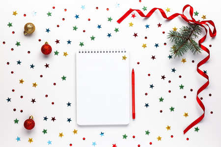 Wishlist, checklist, to do list activity for New Year. Xmas card. Christmas invitation. View from above. Flat lay.の写真素材