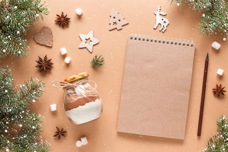 Craftbook, Notepad for wishes. Christmas edible gift. A mixture for making a chocolate drink. New year presents. Xmas treatsの写真素材