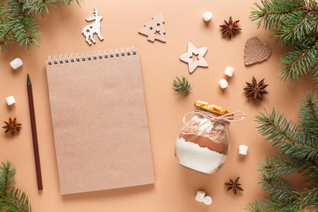 Craftbook, Notepad for wishes. Christmas edible gift. A mixture for making a chocolate drink. New year presents. Xmas treatsの写真素材
