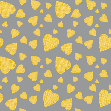 Seamless pattern. Decorative yellow hearts on a gray background. Trendy colors 2021.の写真素材