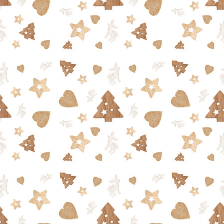 Seamless Christmas pattern. Wooden decorative Christmas trees, stars, deer and hearts. Xmas and New Year greeting cards.の写真素材