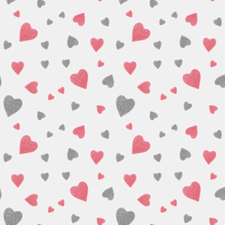 Seamless pattern of pink and silver hearts on a gray background. Fabric design, Wallpaper,...