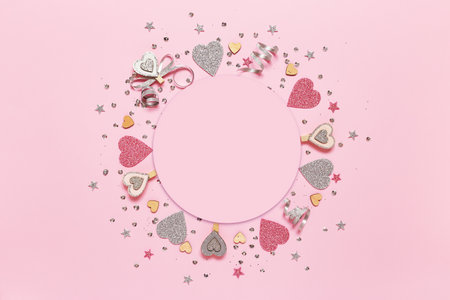 Pink Valentines Day Background. Hearts and sequins. Flat lay with copyspace. Festive textureの写真素材