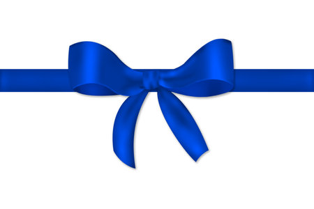Blue bow and ribbon on a white background. Gift boxの写真素材