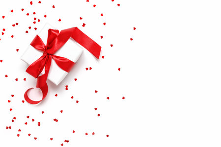 A white gift box tied with a red ribbon for Valentine's Day, Birthday, Mother's Day or International Women's Day. Copy space, flat layの写真素材