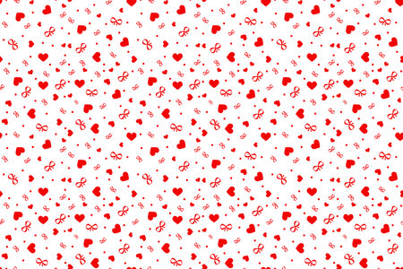 Festive seamless pattern of red hearts and bows on a white background.の写真素材