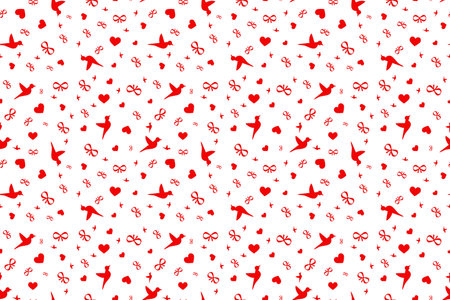 Festive seamless pattern of red birds, hearts and bows on a white background. Perfect for covers, textile, fabric, school supplies.の写真素材