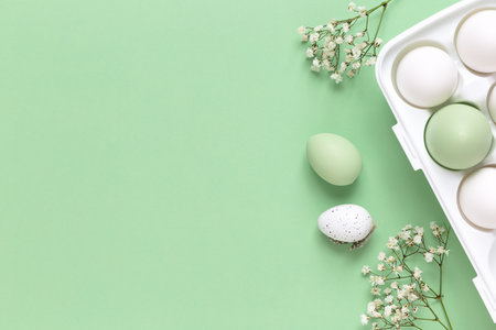 Easter eggs in a white holder and spring flowers on a green background. Copy space.の写真素材