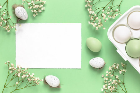 White and green Easter eggs, spring flowers on a green background. Flat lay, copy spaceの写真素材