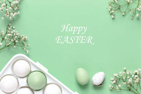 Easter eggs in a white holder and spring flowers on a green background. Copy spaceの写真素材