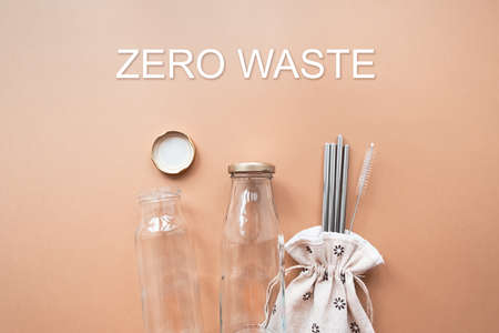 Glass beverage cans, metal cocktail tubes. Zero waste, eco friendly products. Plastic free conceptの写真素材