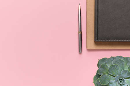 Notepads, a pen and a home flower on a pastel pink background with space for text. Home office workspace. Flat lay, minimal concept, top view.の写真素材