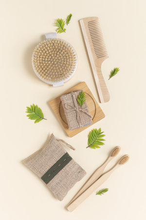 Zero waste, eco friendly bathroom accessories and personal care on beige background. Natural organic eco cosmetics. Flat lay, top view.の写真素材