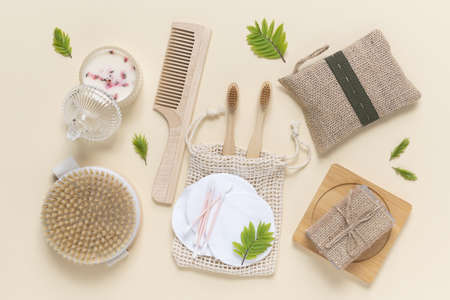 Zero waste, eco friendly bathroom accessories and personal care on beige background. Natural organic eco cosmetics. Flat lay, top view.の写真素材