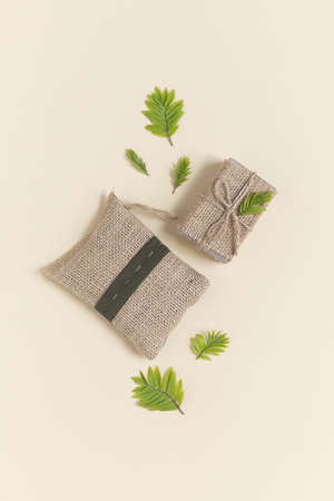 Zero waste, eco friendly bathroom accessories and personal care on beige background. Natural organic eco cosmetics. Flat lay, top view.の写真素材