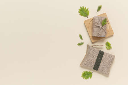 Zero waste, eco friendly bathroom accessories and personal care on beige background. Natural organic eco cosmetics.の写真素材