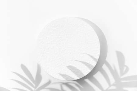 Abstract minimal scene of a geometrical form. A cylindrical white podium on a white background with a shadow of tropical palm leaves. Scene to show cosmetic podructs. Showcase, display case.の写真素材