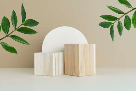 Wooden scenes on a light table against a beige wall background with green zamioculcas leaves. Premium podium for advertising your product. background for the product presentation.の写真素材