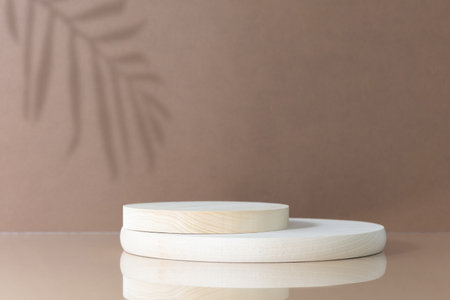 Cylindrical wooden scenes with a shadow of tropical palm leaves on a beige table on a brown background. Premium podium for advertising your product. background for the product presentation.の写真素材