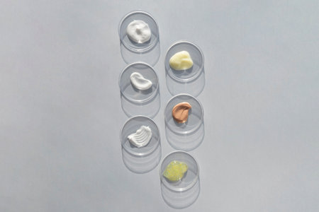 Multicolored textures of cream, scrub, serum and oil in Petri dishes on a gray background. Concept of cosmetics laboratory researches. Smear of skincare cosmetics product. wellness and beauty concept.の写真素材
