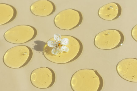 Drops of transparent cosmetic gel or serum yellow with a white flower on a beige background. The concept of natural cosmetics. top view. selective focus.