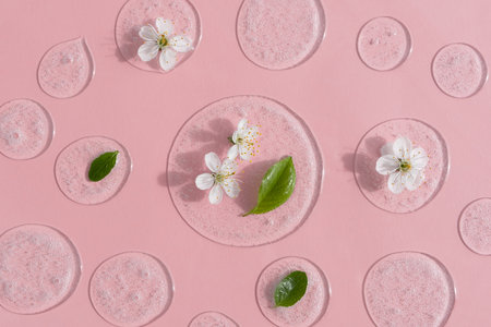 Drops of transparent cosmetic gel or serum with white flowers and green leaves on a pink background. The concept of natural cosmetics. top view.の写真素材