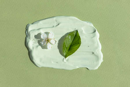 The texture of the cream with a white flower and a green leaf on a green background. Smear of skincare cosmetics product. The concept of natural cosmetics. top view.の写真素材