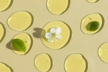 Drops of transparent cosmetic gel or serum yellow with a white flower and green leaves on a beige background. The concept of natural cosmetics. top view.の写真素材