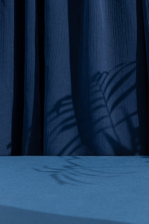 A scene with a blue curtain and the shadow of palm leaves. Premium podium for the presentation of a cosmetic product. empty showcase.の写真素材