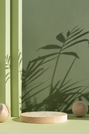 Geometric wooden podium on an abstract green background with a shadow of palm leaves. A scene with a geometric background. Backdrop for the product presentation.の写真素材