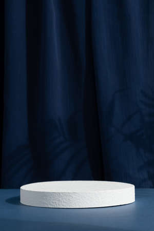 White cylindrical podium, pedestal on a blue background with curtain and palm shadow. Scene for the presentation of a cosmetic product. empty showcaseの写真素材