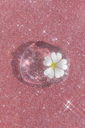 Transparent hyaluronic gel or serum with a white flower on a pink shining background. The concept of natural cosmetics. top view.の写真素材