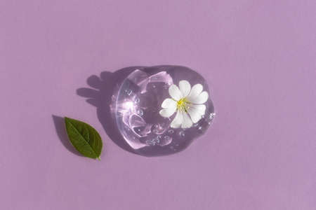 A drop of transparent cosmetic gel or serum with hyaluronic acid with a white flower and green leaf on a lilac background. The concept of natural cosmetics. top view.の写真素材